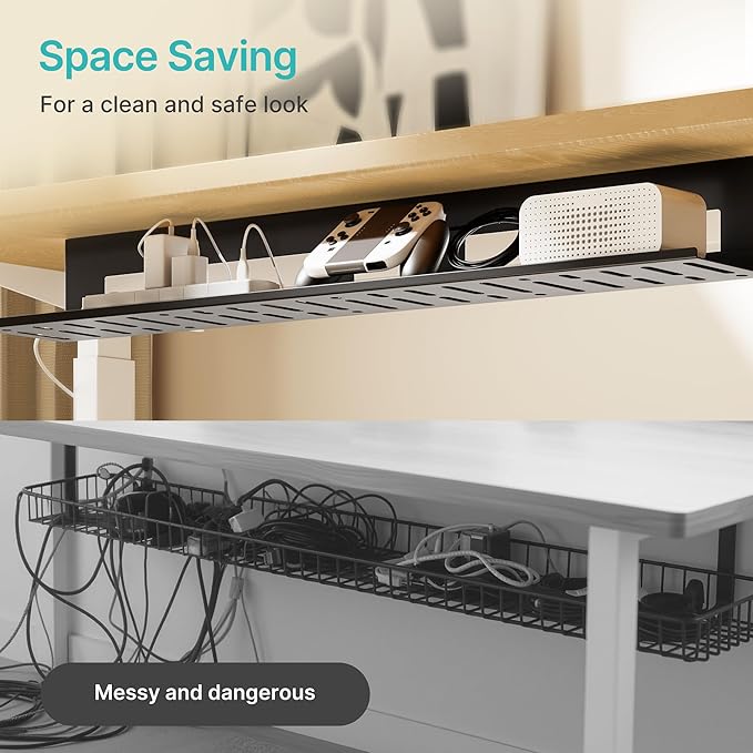 Under Desk Cable Management Tray, 31.5 Inches Metal Cord Organizer Rack, Desk Tray for Power Strip, Cord, Wire, Easy Mounting Cable Management Under Table for Home Office, Black