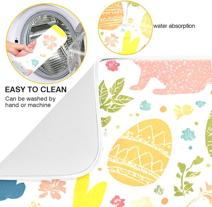 Flowers Eggs Bunny Easter Dish Drying Mat 16 X 18 Inches Spring Rose Leaves Peeps Rabbits Dry Dishes Pads Mats for Kitchen Tableware Protector Countertops Counter Home Decorations