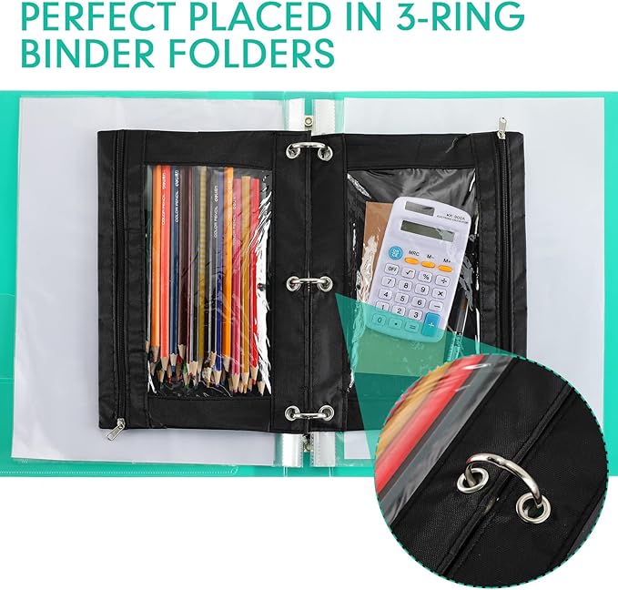 Marspark 30 Packs Pencil Pouch 3 Ring Binder Pen Pouch Cloth Pencil Pouches Zipper Pen Case Bag with Clear Window for School Office Writing Supplies Gifts(Black)