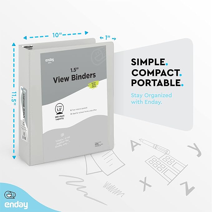 3 Ring Binder 1.5 Inch Grey, 1 ½ inch Binder Clear View Cover with 2 Inside Pockets, Colored School Supplies Office and Home – by Enday