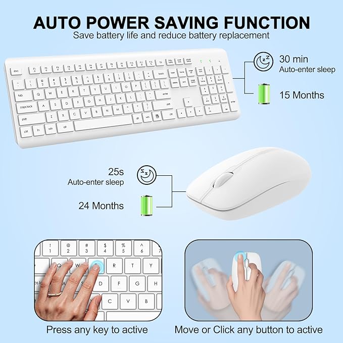 Wireless Keyboard and Mouse Combo, Full Size Silent Ergonomic Keyboard and Mouse, Long Battery Life, Optical Mouse, 2.4G Lag-Free Cordless Mice Keyboard for Computer, Mac, Laptop, PC, Windows(White)