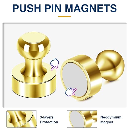 MIKEDE Fridge Magnets - 15 Pcs Gold Neodymium Push Pins for Whiteboard, Office, School & Classroom