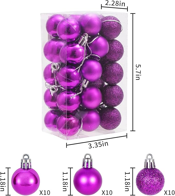 30ct Christmas Ball Ornaments, 1.18" Shatterproof Christmas Tree Decorations, Perfect Hanging Ball for Indoor/Outdoor Holiday Party Decor (Purple)