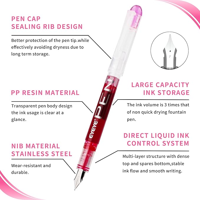 EYEYE Disposable Fountain Pens, 8 Pack Multicolor Fine Point Fountain Pens for Writing, Stainless Steel Nib, Smooth Writing for Journaling, Drafting, Sketching, Doodling & Gifts