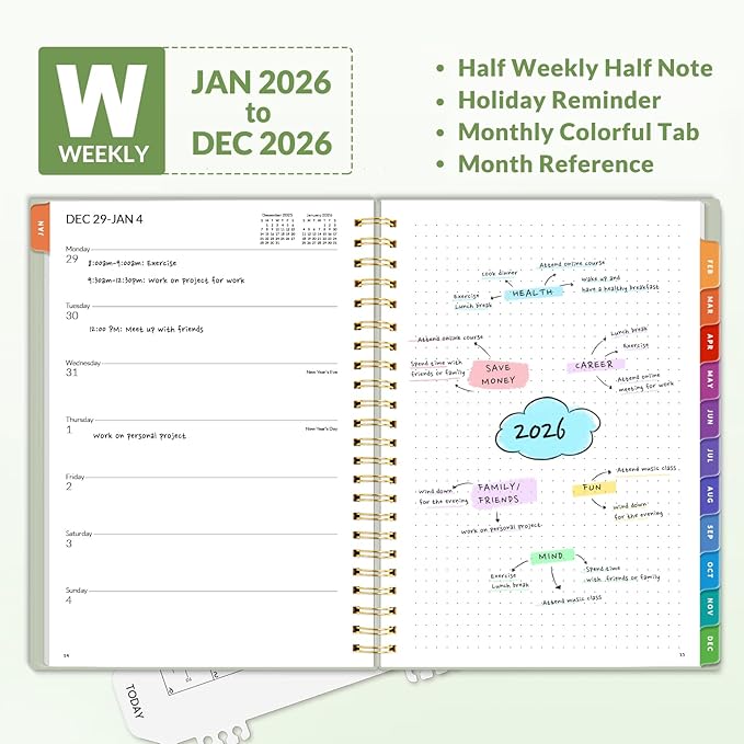 SUNEE 2026 Weekly and Monthly Planner - January 2026-December 2026, 6.4" x 8.3" Half Weekly Half Note, Daily Agenda Planner with PVC Waterproof Cover, Monthly Tab, Note, Pockets, Bookmark, Green