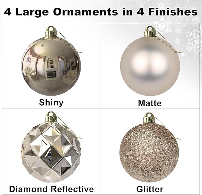 Champagne Gold Set of XL (4.0") 4PCS Christmas Balls - Christmas Tree Decoration Ornaments Shatterproof Hanging Balls for New Year Easter Valentine Holiday Decorations