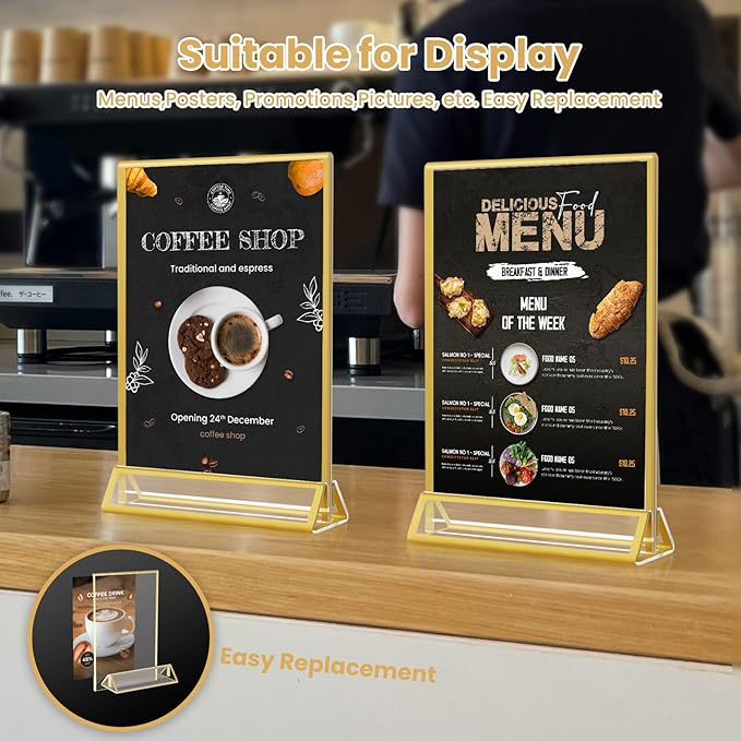 5x7 Gold Acrylic Sign Holder, 12 Pack Wedding Table Number Stands With Vertical Gold Borders, Double Sided Picture Frame Paper Stand, Clear Photo Display Menu for Party, Home, Restaurant