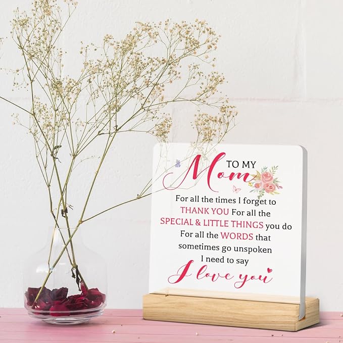 Mother's Day Gifts for Mom from Son Daughter I Love You Thank You Mom Birthday Gifts Office Desk Decor for Home Acrylic Sign Christmas Gift