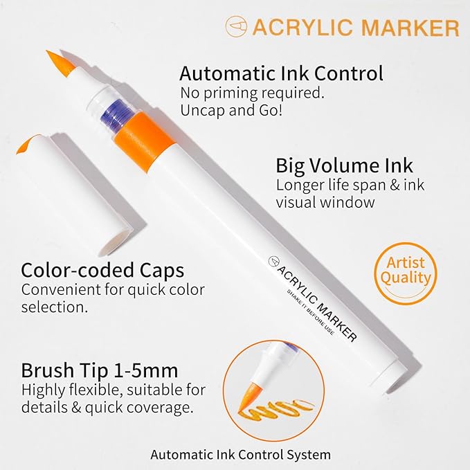 9 Color Acrylic Paint Markers, Water-Based Acrylic Markers for Artists Adults Coloring Drawing Cartoon Anime Comic - Brush Tip for Rock Painting, Wood, Canvas, Fabric, DIY Crafts Making (8 Metal)