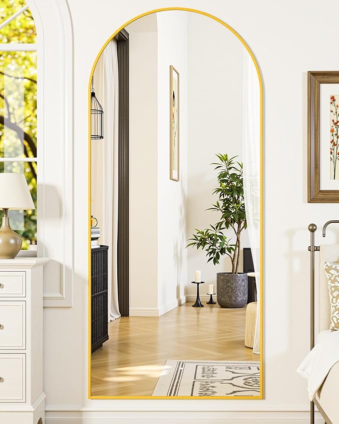 Full-Length Floor Mirror with Stand, 71"x32" Arched Style Full Body Standing Mirror for Bedroom, Living Room, Gym, Dorm - Shatter-Resistant & Easy Assembly, Gold