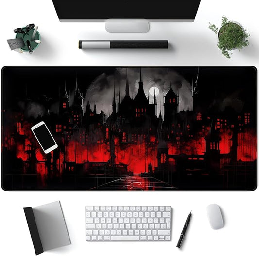 Black Castle Large Mouse Pad Red and Black Mousepad Gaming Playmat Game Mat, Big Full Keyboard and Mouse Pads Cool Desk Pad for Keyboard with Stitched Edges Anti-Slip Desk mat 31.5" X 15.7 "