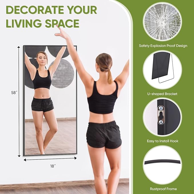 Full-Length Floor Mirror with Stand, 58"x18" Rectangle Style Full Body Standing Mirror for Bedroom, Living Room, Gym, Dorm - Shatter-Resistant & Easy Assembly, Black