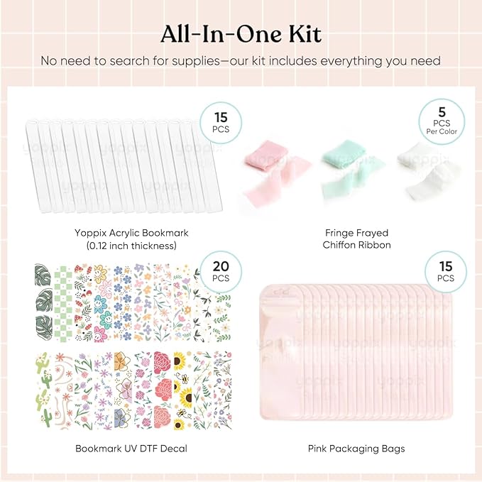 15 Pieces Acrylic Bookmark Blanks (3mm) Thicken Bookmark Making Kit with 20 Pcs Floral UV DTF Sticker, 15 Pcs Ribbon, Suitable for DIY Your Crafts Gifts
