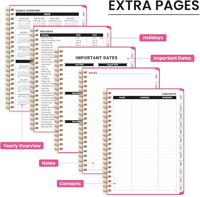 2026 Planner, Weekly and Monthly Calendar Planner, January 2026 - December 2026, Hardcover 2026 Calendar Planner Book with Tabs For Women & Men, Inner Pocket, Spiral Bound, Perfect for Office Home School Supplies - A5 (6.3" x 8.5"), Berry Pink