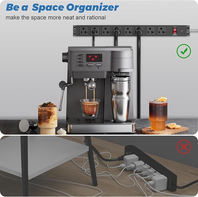 HEZI 20 Amp Power Strip Surge Protector 1200J, Metal 8 Outlets Heavy Duty 20amp, 10Ft 12 Gauge Extension Cord for Appliance Workbench Garage Industrial, Combine with T-Plug Adapter,5-20R T-Slot