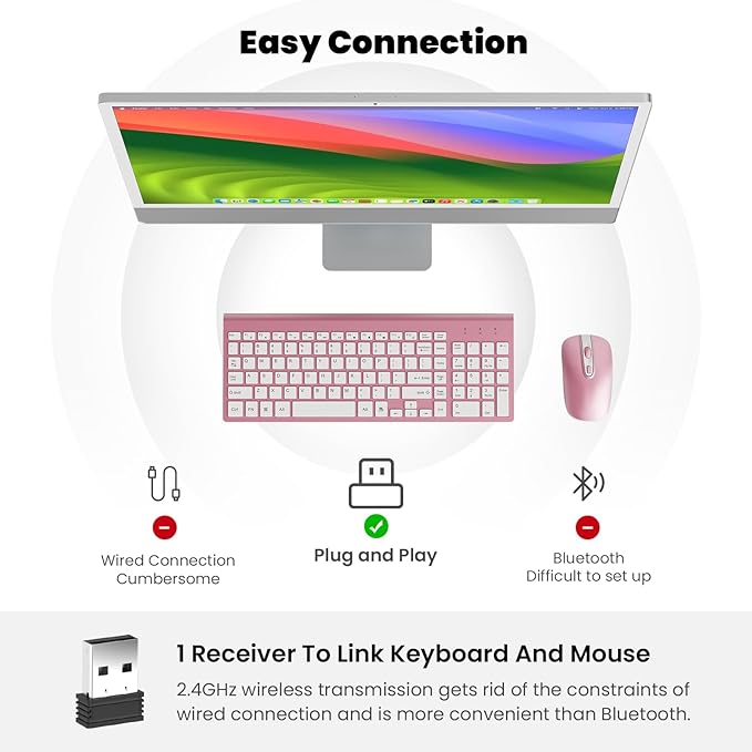 cimetech Wireless Keyboard and Mouse Combo, Compact Full Size Wireless Keyboard and Mouse Set 2.4G Ultra-Thin Sleek Design for Windows, Computer, Desktop, PC, Notebook - Rosegold