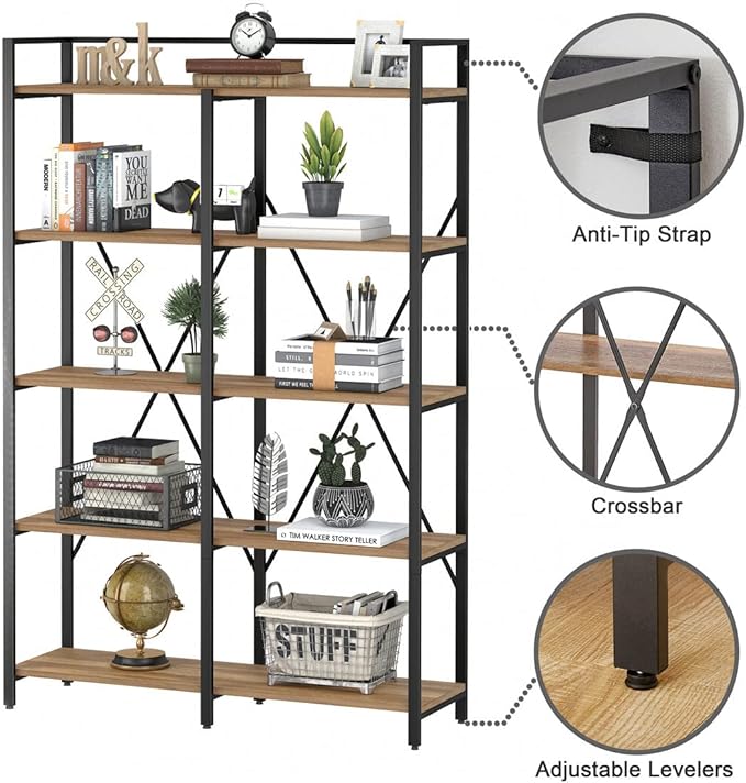 BON AUGURE Industrial Bookshelves and Bookcases, 5 Tier Heavy Duty Etagere Shelving Unit, Farmhouse Rustic Wood Metal Book Shelves for Office, Living Room and Bedroom (Vintage Oak)