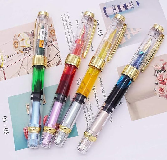 Lanxivi 4 Colors Yongsheng 3008A Fountain Pen Piston Filling Upgraded Fine Nib,Transparent Gold Trim