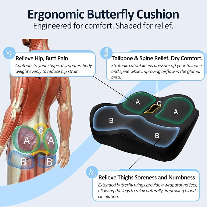 X Large Memory Foam Seat Cushions for Office Chairs, Long Sitting Pressure Relief Ergonomic Office Chair Cushion for Butt Coccyx Tailbone Sciatica, Car Seat Booster for Height (Pure Black)