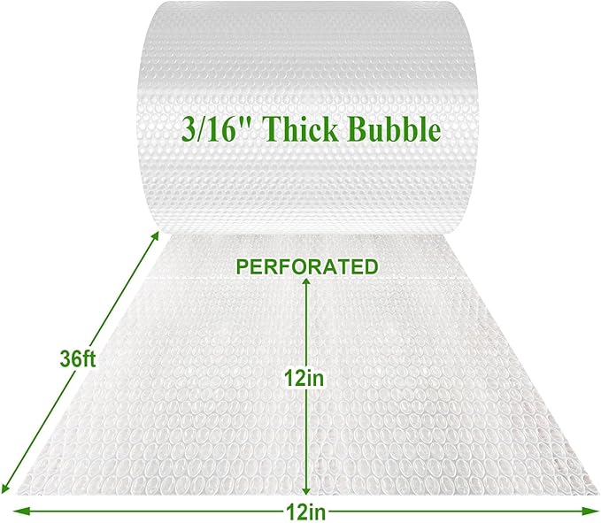 A&A Heavy-Duty Bubble Wrap Cushioning Roll – 2 Pack x12”x36’ Perforated Every 12”, Tear-Resistant Packing Wrap for Moving, Shipping & Storage Made in USA