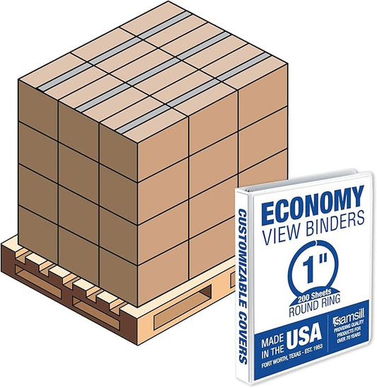 Samsill 1 Inch 3 Ring Binders, Made in USA, Economy Round Ring with Clear View Cover, 200 Sheet Capacity, White, Pallet of 864 Binders in 36 Cartons