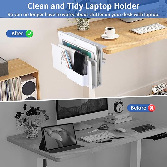 LUKETURE Desk Side Storage, 2 Tier Steel Side Desk Organizer, No Drill Laptop Holder, Clamp on Laptop Mount with Pen Holder, Fits Flat Edge Tables 0.3" to 2.8" (White, L(2 Tier))