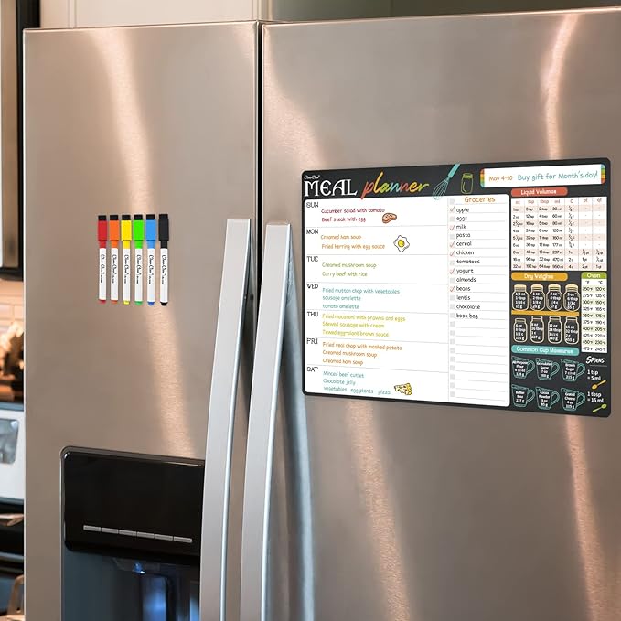 Magnetic Dry Erase Menu Board - 17"x12" Meal Planning Board for Fridge - 6 Extra Fine Point Markers Included - Shipped Flat