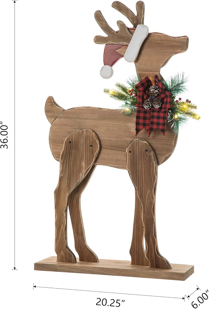 Glitzhome 36" H Lighted Wooden Christmas Chunky Reindeer Porch Sign Standing Deer Porch Decor Rustic Merry Christmas Welcome Sign Holiday Party Outdoor Indoor Xmas Decorations
