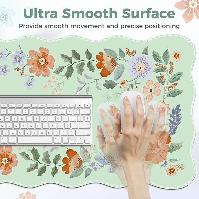 Desk Pad Mat Green, Wrist Rest Support for Mouse Pad&Keyboard Set, Scalloped Vanity mat Protector for Makeup, Cute Floral Nail Mat, Aesthetic Desk Protector for Women's Office Home, Dorm