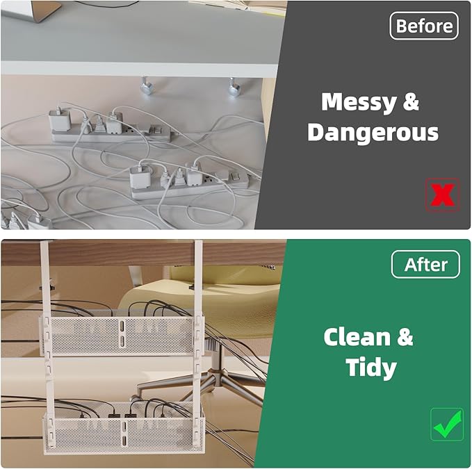 Multi-Model Under Desk Cable Management 2 Pack Metal Under Desk Wire Management Tray Clamp Mount Under Table Cord Management No Damage The Desk White