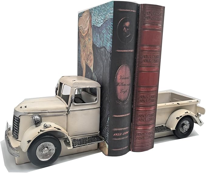 Decorative Book Ends Vintage Bookends: Metal Truck Book Stopper for Heavy Books - Farmhouse Decor for Shelf Table Coffee Bar Office Home - Gift for Adults Men Teen (Vintage White)