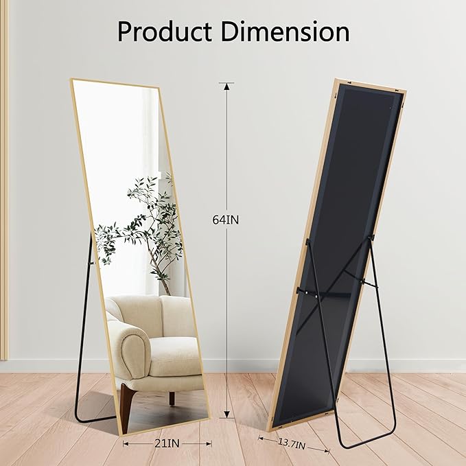 64"×21" Aluminum Gold Frame Full Length Mirror, Large Full Length Mirror for Home Decor, Shatter-Proof Glass Floor Mirror with Stand, Free Standing, Leaning Against Mirror for Bedroom Decor, Gold