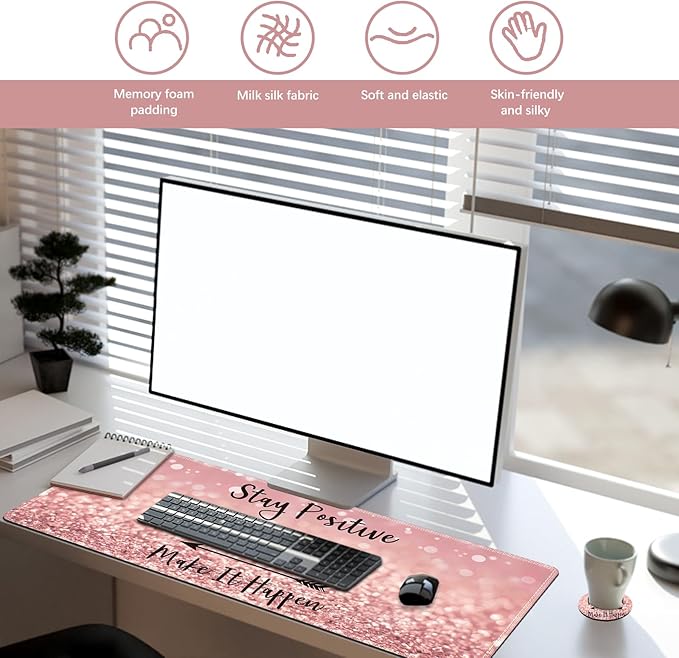 DINKY Large Gaming Mouse Mat and Mouse Pad Wrist Keyboard Wrist Rest Set, Anti-Slip Base Mousepad + Coaster, 35.4 x 15.80-inch, Ergonomic Wrist Support for Home Working Gaming-PinkQuote