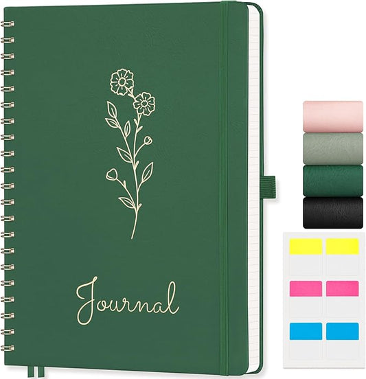 EMSHOI A4 Graph Grid Notebook - 110 Pages 100GSM Grid Paper, Vegan Leather Floral Cover with Spiral Binding for Engineering, Bullet Journaling, School & Work - Includes Ruler, Pockets -Dark Green