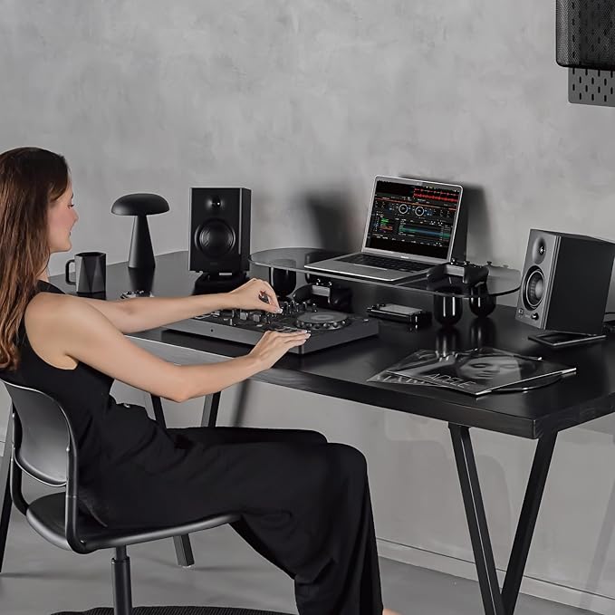 Fenge Monitor Stand Riser, 34 Inch Dual Monitor Riser for Large Monitors, Desk Organizer with Glass Shelf & Solid Wood Legs, Computer Stand for Laptop, TV, PC, Printer, Black