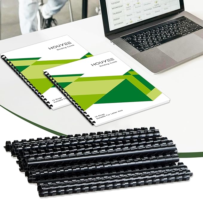 HOUYEE 1/2 Inch Plastic Binding Comb 19 Ring, 90 Sheet Capacity, Letter Size Black Comb Binding Spines (100 Pack)