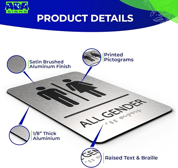 ADASigns All Gender Restroom Sign – 6" x 9" Durable Brushed Aluminum with Braille – Easy Installation with Strong Adhesive Tape – Weatherproof Men & Women ADA Bathroom Sign for Home, Office & Business