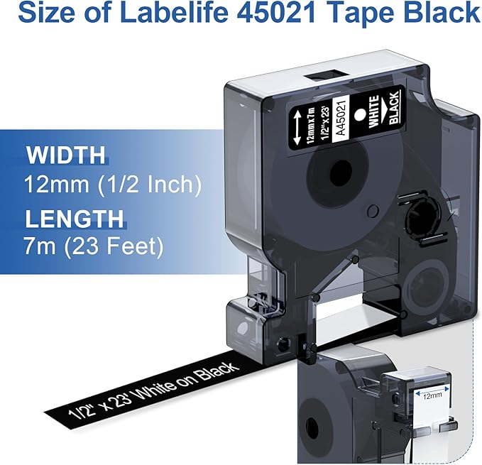 Labelife Replace for Dymo D1 Label Maker Refills White on Black 1/2'' x 23' D1 45021 S0720610 Compatible with DYMO LabelManager 160 210D 260P 280 360D 420P 450D COLORPOP, 5-Pack