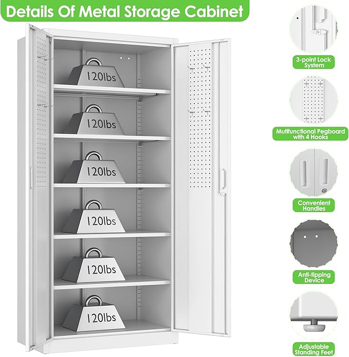 Aobabo Upgraded 71" H×34" W×18" D Metal Garage Storage Cabinet with Pegboards, Lockable Steel Cabinet with 5 Adjustable Shelves and 4 Hooks for Garage, Home, Office, White,Assembly Required