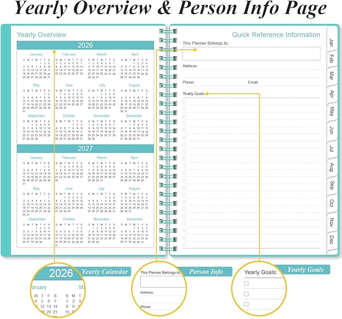 2026 Planner - A5 Weekly & Monthly Planner Spiral Bound, January 2026 - December 2026, with Flexible Cover, Tabs, Inner Pocket, 6.4" x 8.5", Teal