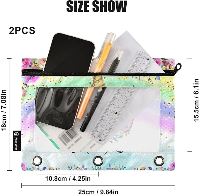 Unicorn Pink Pencil Pouch for 3 Ring Binder, 2 Pack Waterproof Pencil Bags Clear Window Zipper School Office Supplies