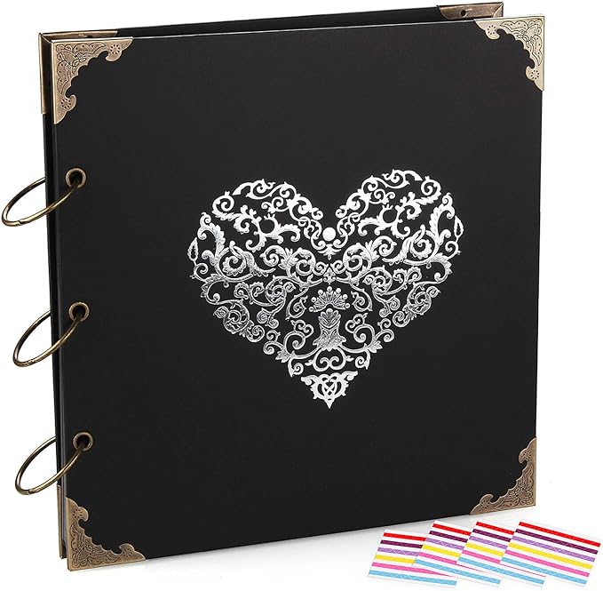 Photo Album DIY Scrapbook, 10x10 inch 50 Pages Double Sided, Vintage Hardcover Three-Ring Binder Picture Booth Albums with 6 Colors 408pcs Self Adhesive Photos Corners for Memory Keep (Black)