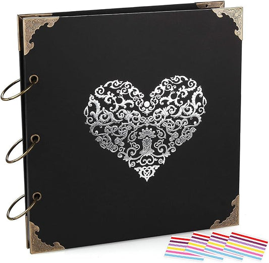 Photo Album DIY Scrapbook, 10x10 inch 50 Pages Double Sided, Vintage Hardcover Three-Ring Binder Picture Booth Albums with 6 Colors 408pcs Self Adhesive Photos Corners for Memory Keep (Black)