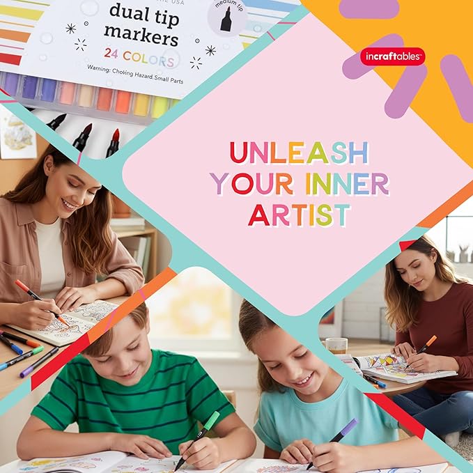 Incraftables Dual Tip Markers (24 Colors) – Adult Coloring, Brush Tip & Fine Tip Markers for Adult Coloring Books, No Bleed Dual Brush for Kids & Adults