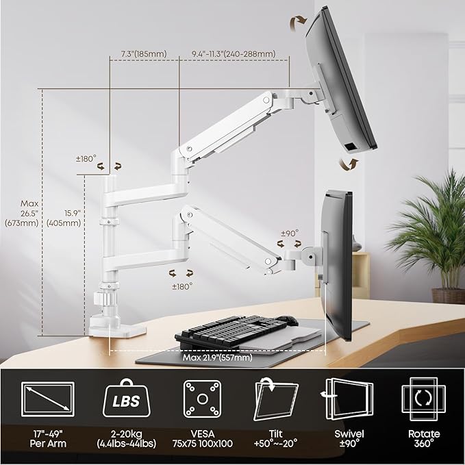 PUTORSEN 17-49”Premium Aluminum Heavy Duty Dual Monitor Arm for Ultrawide Screens up to 44lbs, Vertical Stacked Dual Monitor Desk Mount, Full Motion Dual Vertical Monitor Mount, VESA 75/100, White