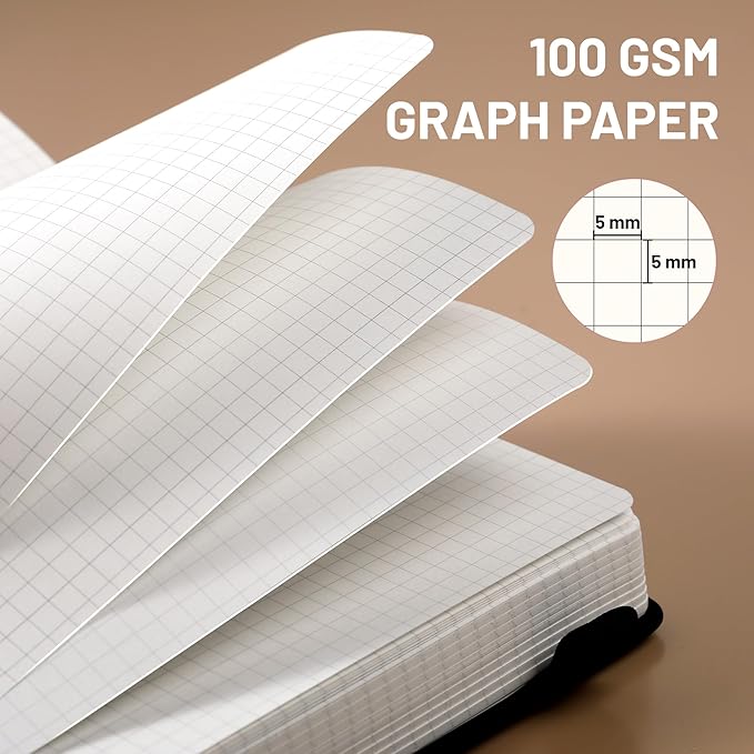 CAGIE Graph Notebook 320 Pages 100 GSM Paper Graphing Grid Journal A5 Hardcover Leather Quad Ruled Notebooks for Engineering, Math, Work, Black