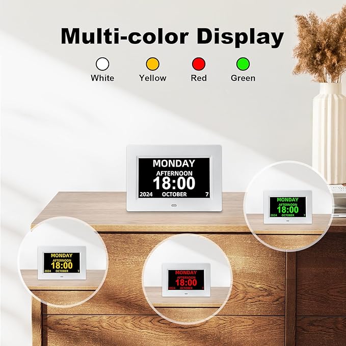 Digital Calendar Alarm Clock for Seniors, Electric Large Display with Date Day of Week Time Clock, 12 Custom Alarms, Auto-Dimming, Medication Reminder, Dementia-Friendly Design
