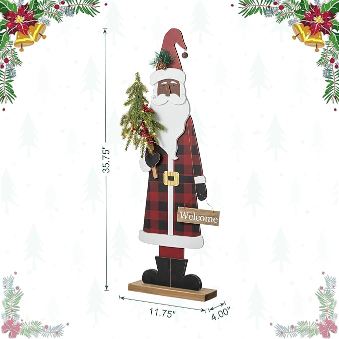 Glitzhome 36''H Lighted Wooden Africa Santa Porch Decor with Timer & LED Lights, Christmas Standing Santa Porch Sign Decor with Xmas Tree and Welcome Plaques for Front Door Outdoor Decor