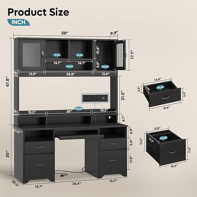 Bestier 77.8" H Executive Desk with Hutch, Modern Wood Computer Desk with Drawers, Charging Station, LED Light, Fluted Storage Cabinet, Keyboard Tray, 59" W Office Desk for Home Office, Black