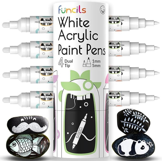 4 Dual Tip White Paint Pen - Extra Fine Tip & Medium - Permanent ink, White Acrylic Paint Pen for Wood, Fabric, Glass, Plastic, Ceramic, Rocks, Coloring Book Art - Acrylic Markers, Quick Dry